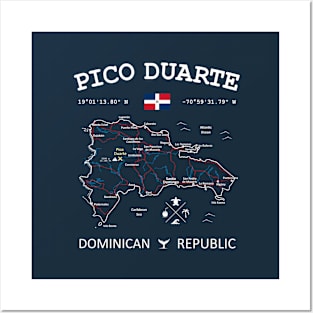 Dominican Republic Flag Travel Map Pico Duarte Coordinates Roads Rivers and Oceans White Posters and Art